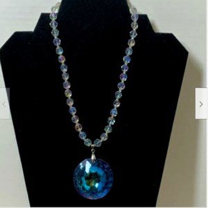 RARE Designer Jim Shore Iridescent Cut Glass Crystal Bead Huge Pendant Necklace